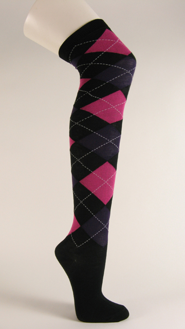 Black with hot pink purple socks over knee argyle